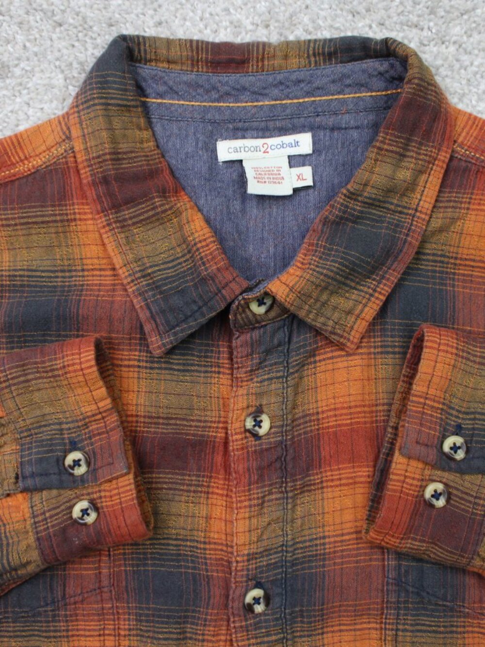 Carbon2Cobalt Shirt Men XL Orange/Blue Plaid Flannel Cotton Long Sleeve Casual